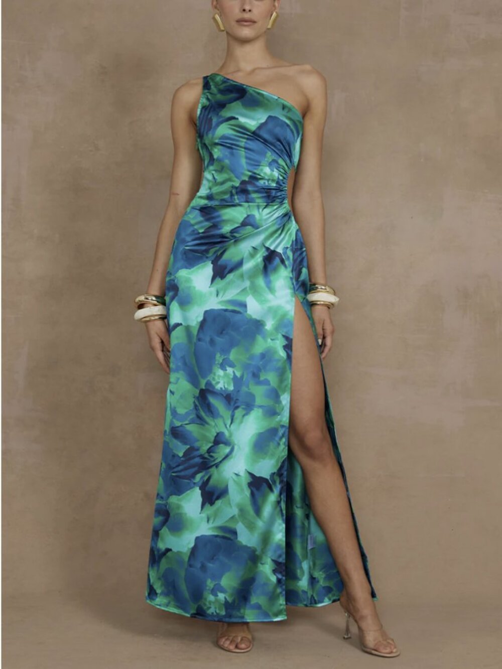 NWT Runaway The Label Barzilio Dress Calista Green Maxi Slit Cutout One Shoulder